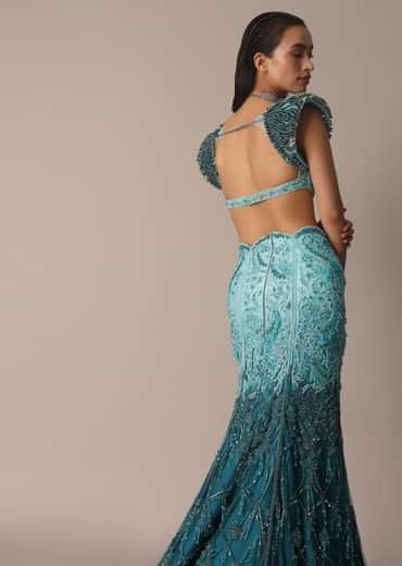 Blue Fish Cut Ombre Trail Skirt And Tassel Embellished Blouse