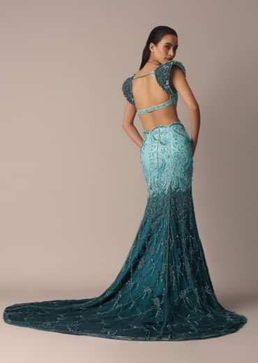 Blue Fish Cut Ombre Trail Skirt And Tassel Embellished Blouse