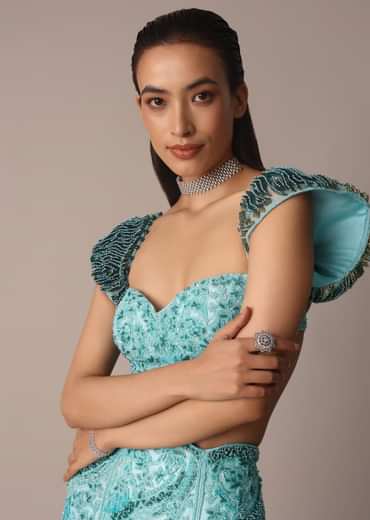 Blue Fish Cut Ombre Trail Skirt And Tassel Embellished Blouse