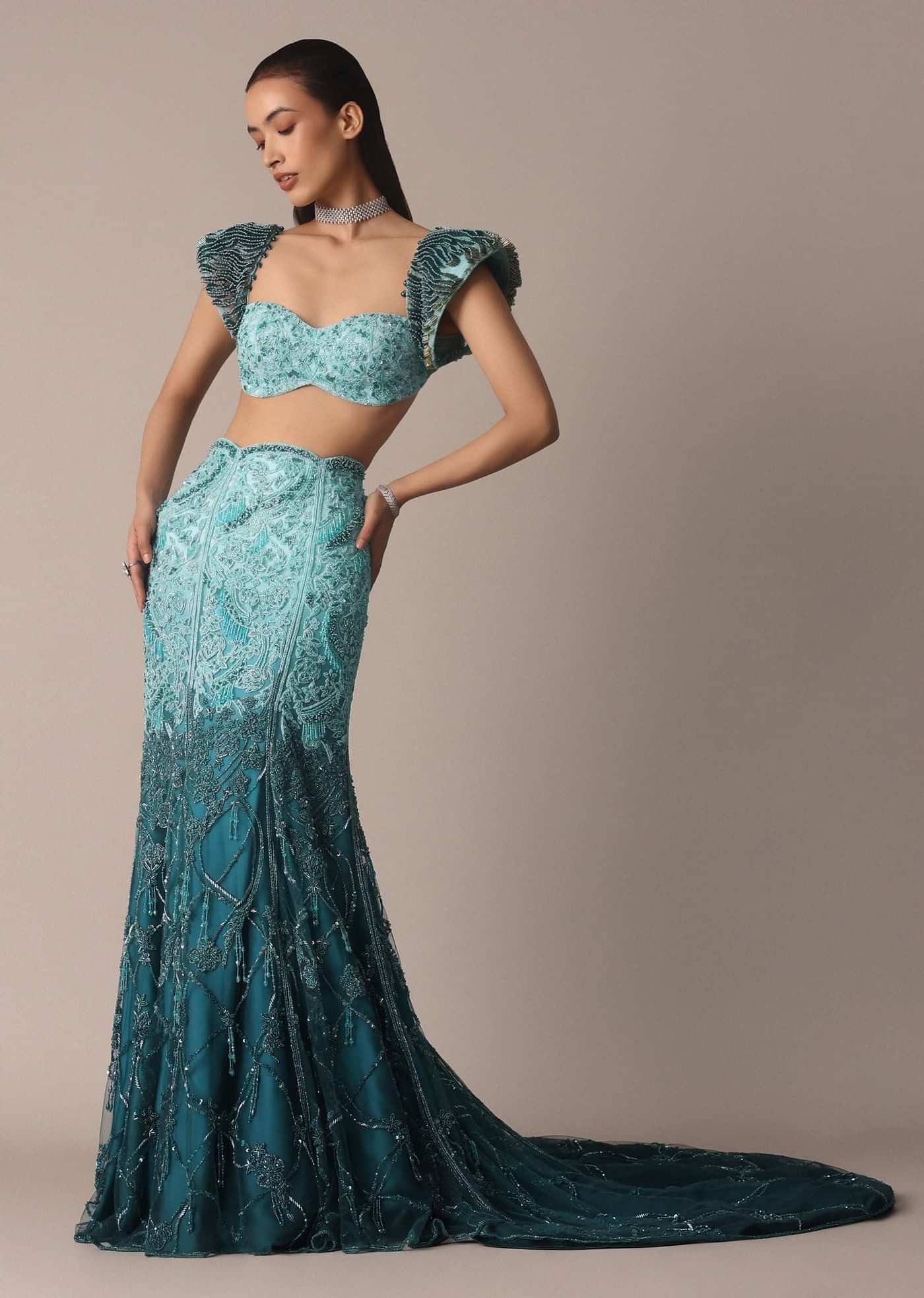 Blue Fish Cut Ombre Trail Skirt And Tassel Embellished Blouse