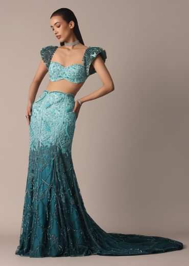 Blue Fish Cut Ombre Trail Skirt And Tassel Embellished Blouse