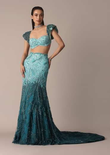 Blue Fish Cut Ombre Trail Skirt And Tassel Embellished Blouse