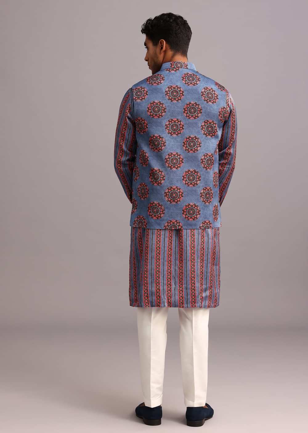 Blue Floral And Stripe Print Jacket Kurta Set In Silk