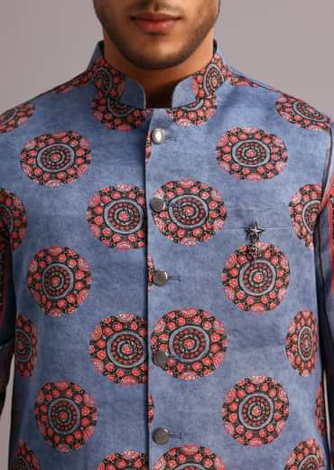 Blue Floral And Stripe Print Jacket Kurta Set In Silk