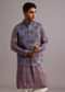 Blue Floral And Stripe Print Jacket Kurta Set In Silk