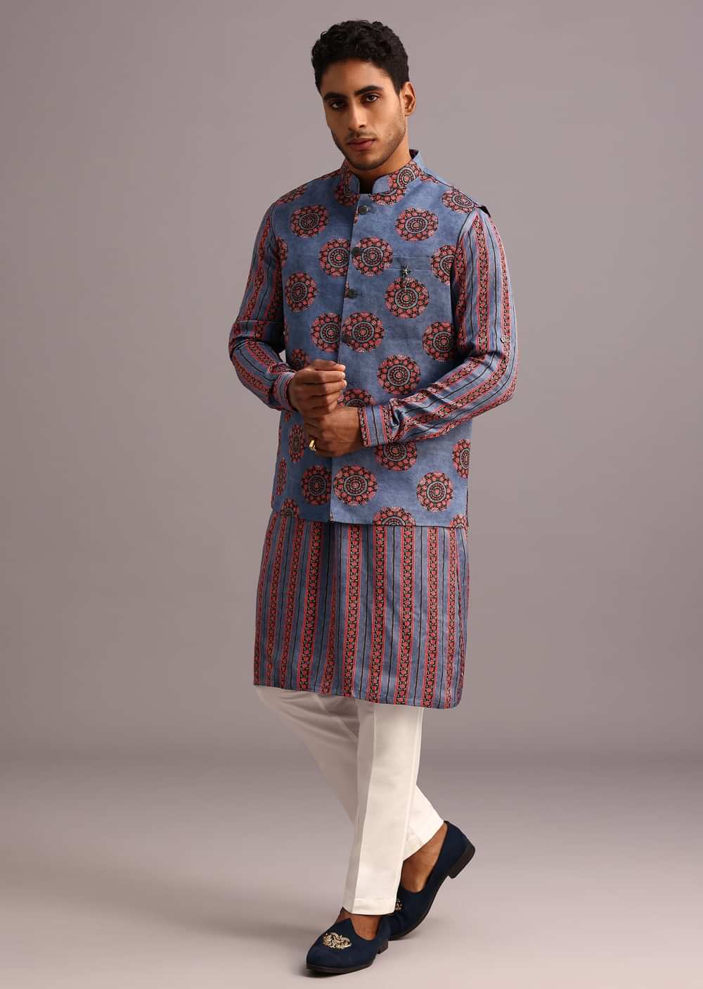 Blue Floral And Stripe Print Jacket Kurta Set In Silk