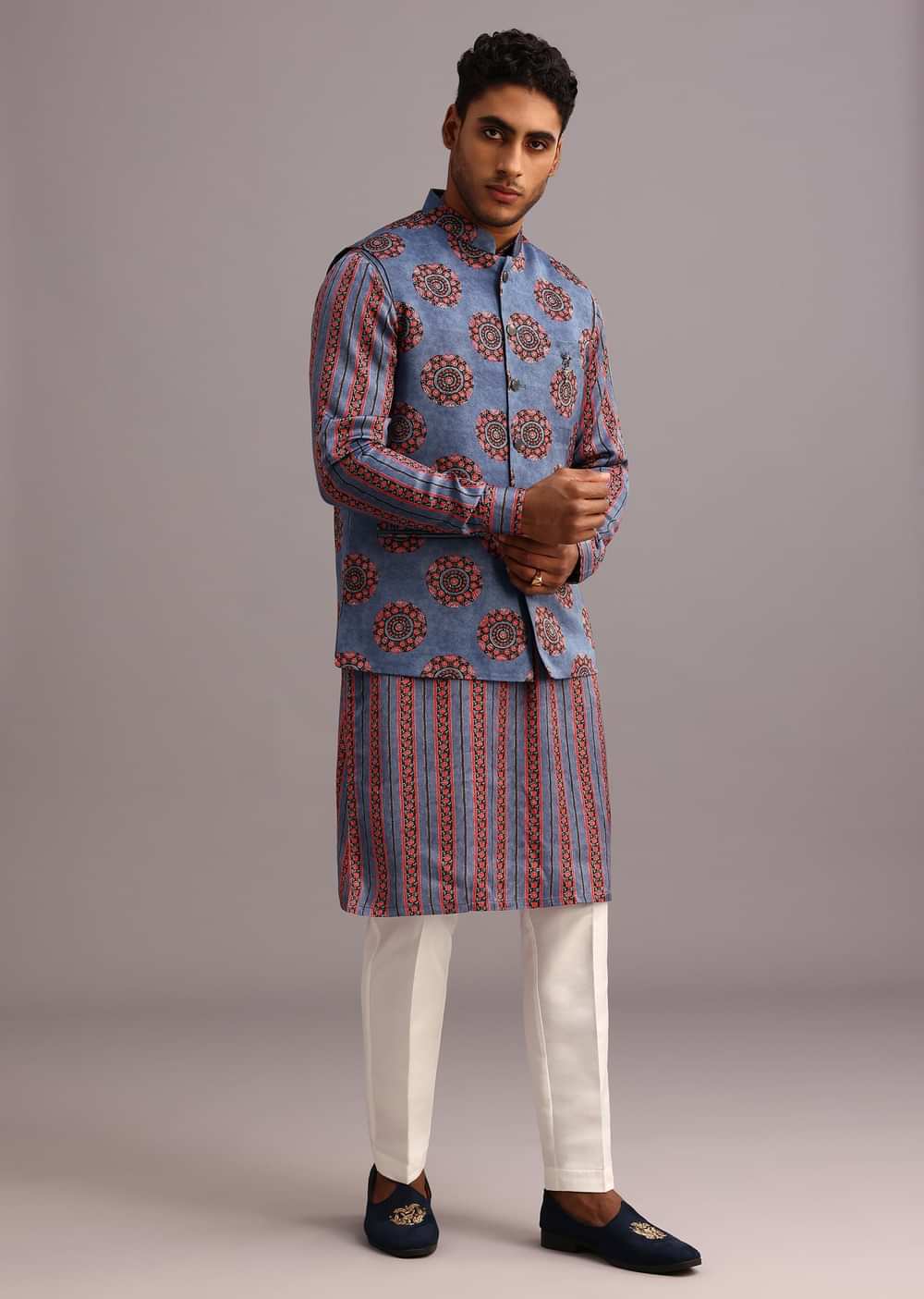 Blue Floral And Stripe Print Jacket Kurta Set In Silk