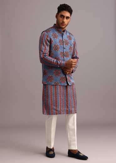 Blue Floral And Stripe Print Jacket Kurta Set In Silk