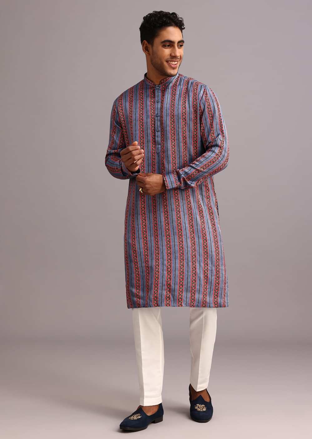 Blue Floral And Stripe Print Jacket Kurta Set In Silk
