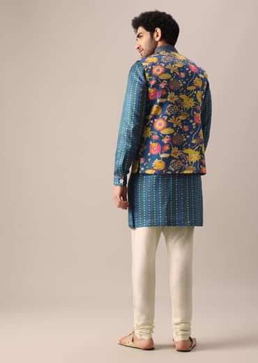 Blue Floral Print Jacket And Kurta Set In Silk