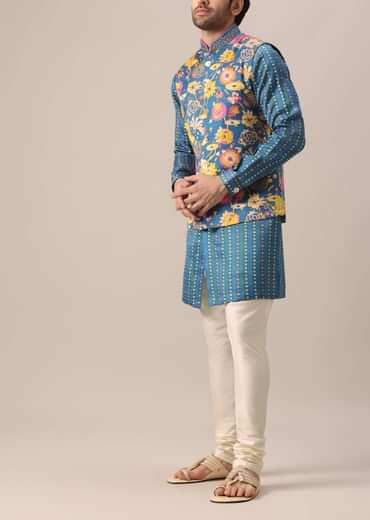 Blue Floral Print Jacket And Kurta Set In Silk