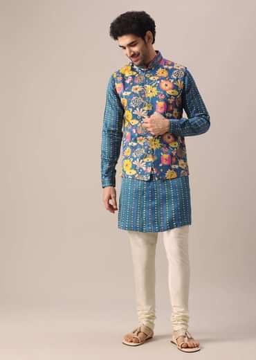 Blue Floral Print Jacket And Kurta Set In Silk