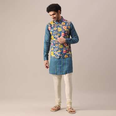 Blue Floral Print Jacket And Kurta Set In Silk