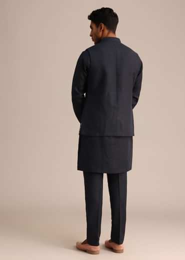 Blue Floral Resham Work Jacket Kurta Set In Linen