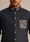 Blue Floral Resham Work Jacket Kurta Set In Linen