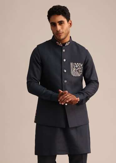 Blue Floral Resham Work Jacket Kurta Set In Linen