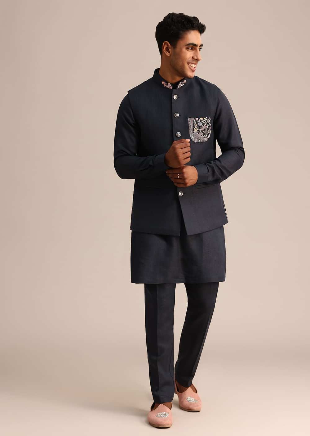 Blue Floral Resham Work Jacket Kurta Set In Linen