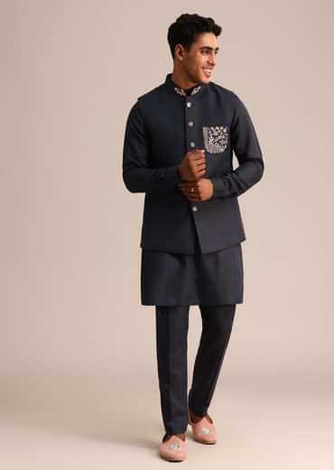 Blue Floral Resham Work Jacket Kurta Set In Linen