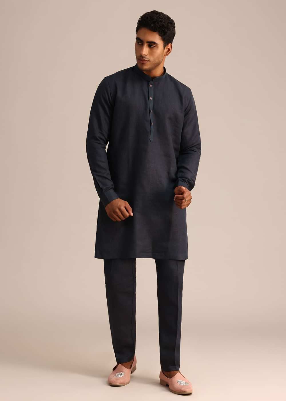 Blue Floral Resham Work Jacket Kurta Set In Linen