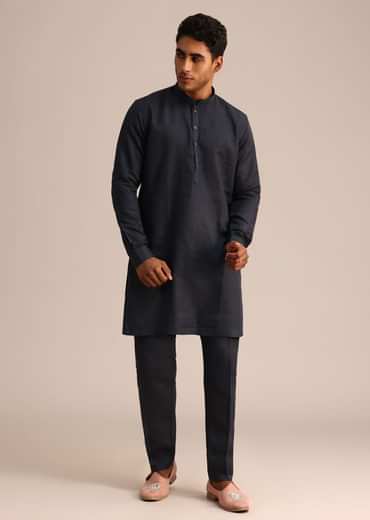 Blue Floral Resham Work Jacket Kurta Set In Linen