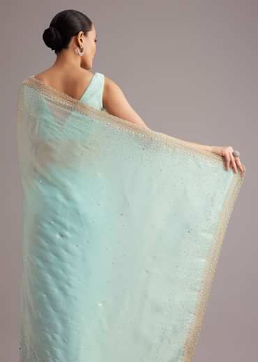 Blue Glass Tissue Saree With Cutdana Sequin And Beaded Embroidery