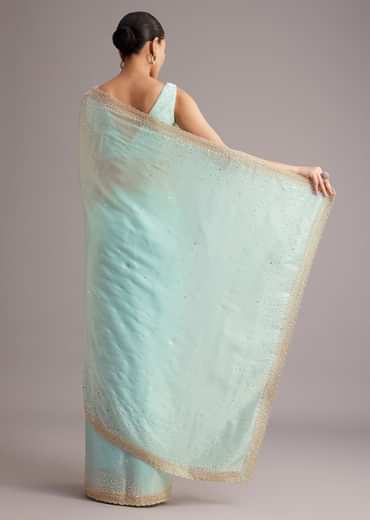 Blue Glass Tissue Saree With Cutdana Sequin And Beaded Embroidery