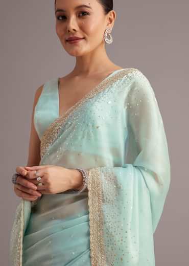 Blue Glass Tissue Saree With Cutdana Sequin And Beaded Embroidery