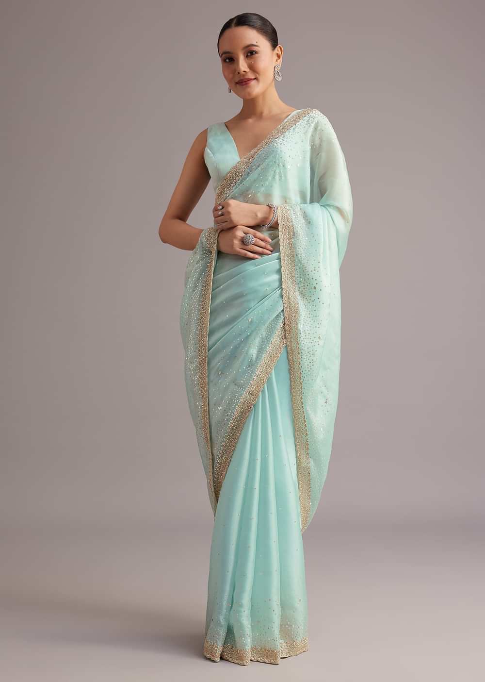 Blue Glass Tissue Saree With Cutdana Sequin And Beaded Embroidery