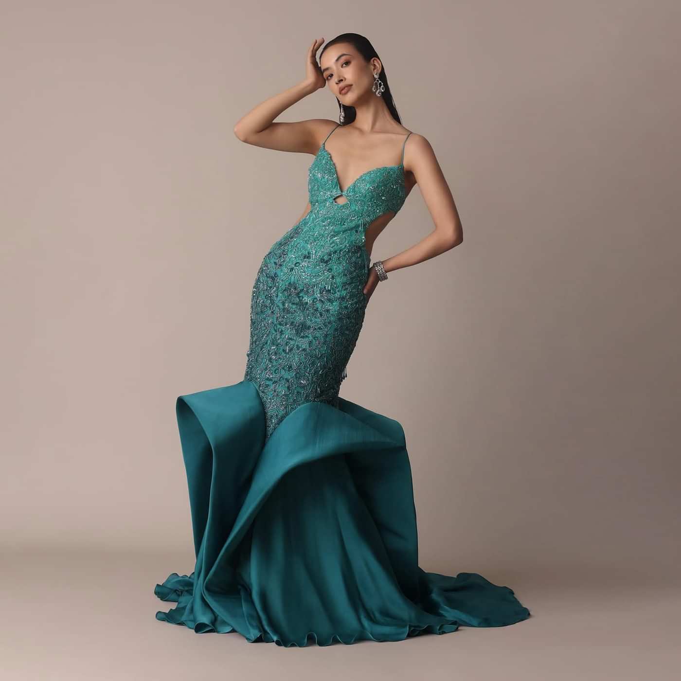 Green Blue Ombre Zardosi Fishcut Draped Gown