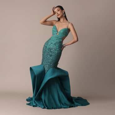 Green Blue Ombre Zardosi Fishcut Draped Gown