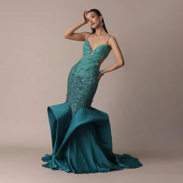 Green Blue Ombre Zardosi Fishcut Draped Gown
