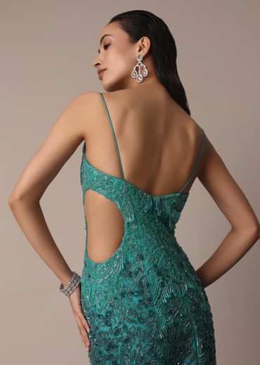 Green Blue Ombre Zardosi Fishcut Draped Gown