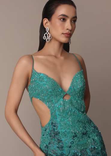 Green Blue Ombre Zardosi Fishcut Draped Gown