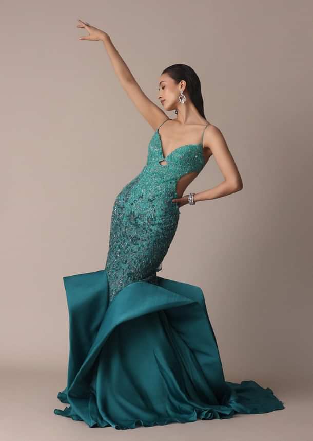 Green Blue Ombre Zardosi Fishcut Draped Gown