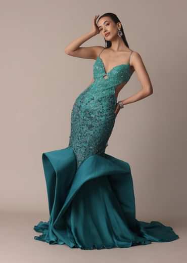 Green Blue Ombre Zardosi Fishcut Draped Gown