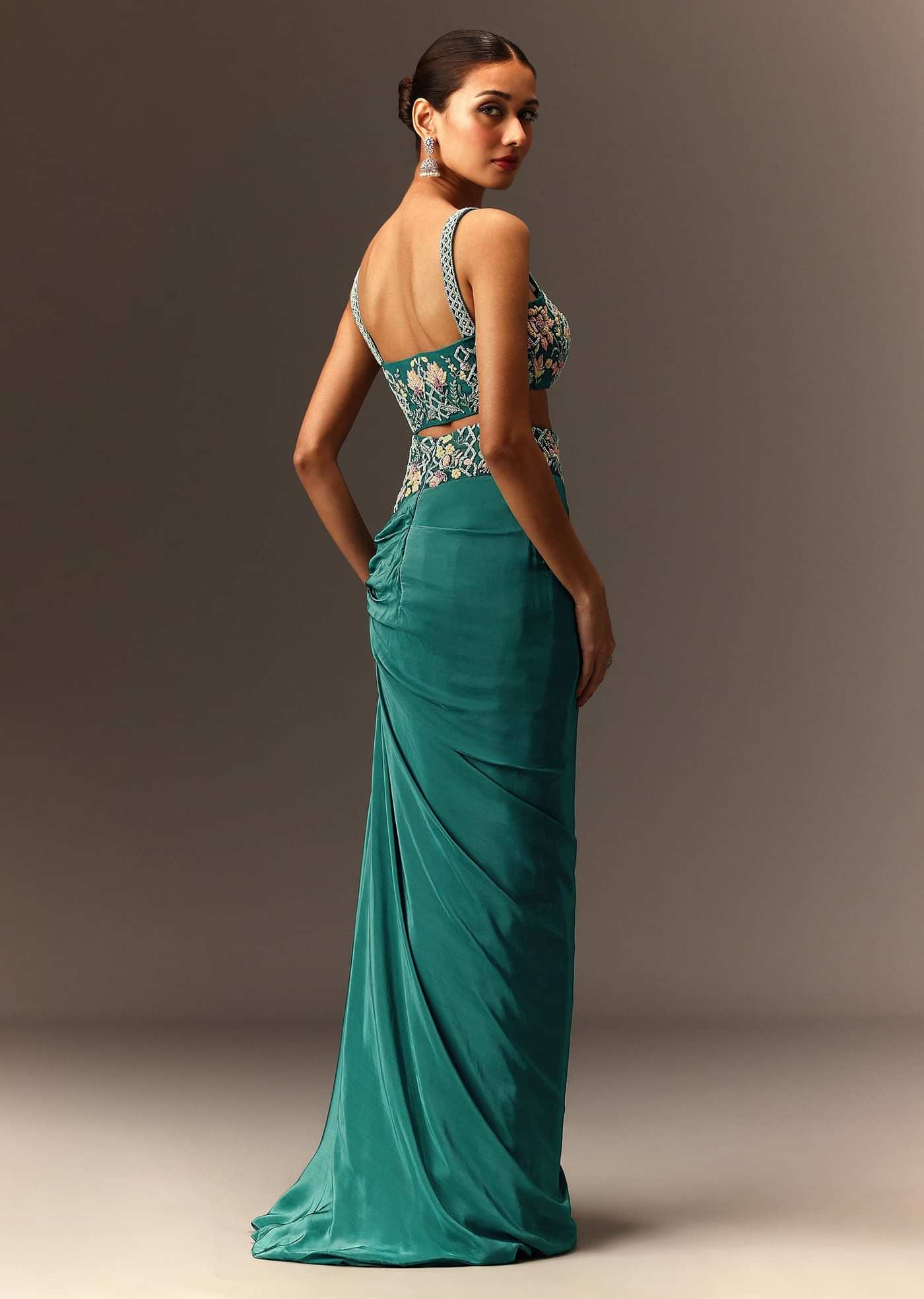 Hand Embroidered Blouse And Drape Skirt With Cape