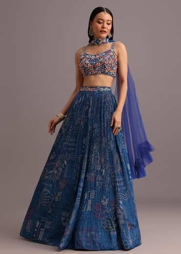 Blue Hand Embroidered Choli With Bandhani Print Lehenga And Choker Net Dupatta