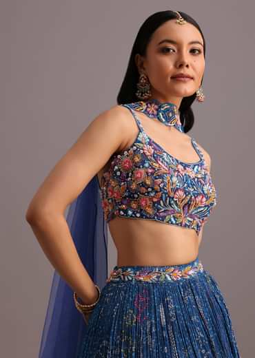 Blue Hand Embroidered Choli With Bandhani Print Lehenga And Choker Net Dupatta