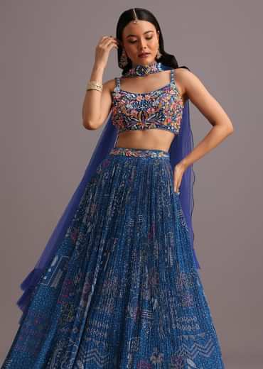 Blue Hand Embroidered Choli With Bandhani Print Lehenga And Choker Net Dupatta