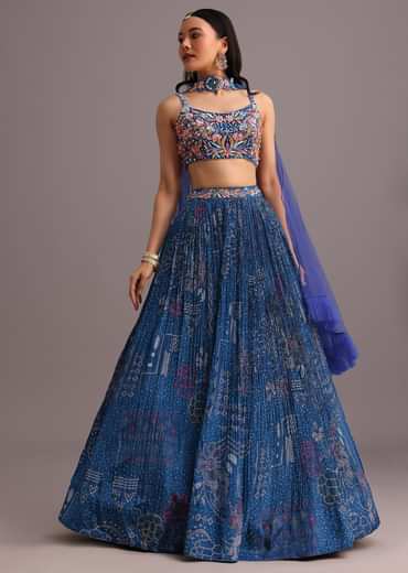 Blue Hand Embroidered Choli With Bandhani Print Lehenga And Choker Net Dupatta