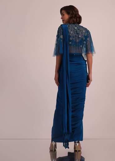 Blue Hand Embroidered Ready Pleated Saree And Blouse In Crepe