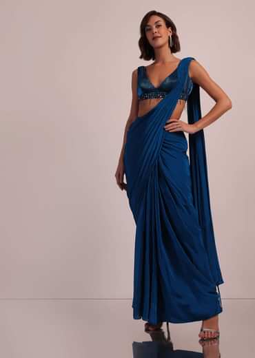 Blue Hand Embroidered Ready Pleated Saree And Blouse In Crepe