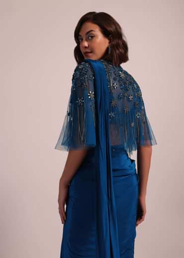 Blue Hand Embroidered Ready Pleated Saree And Blouse In Crepe