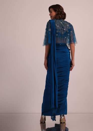 Blue Hand Embroidered Ready Pleated Saree And Blouse In Crepe