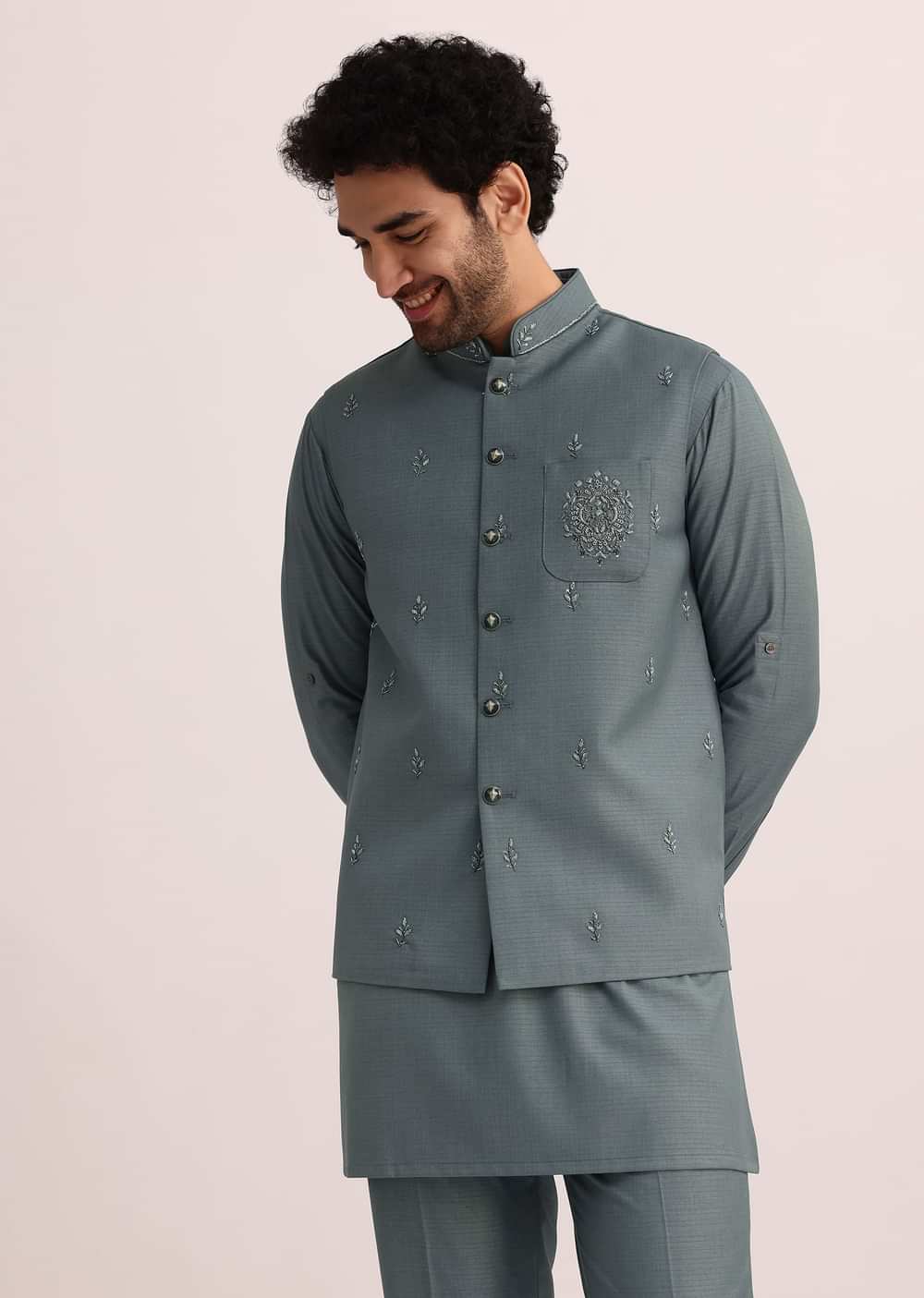 Blue Jacket and Kurta Set With Cutwork Detail