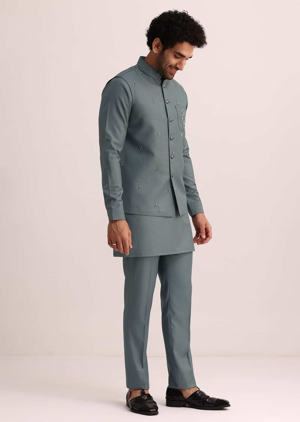 Blue Jacket and Kurta Set With Cutwork Detail