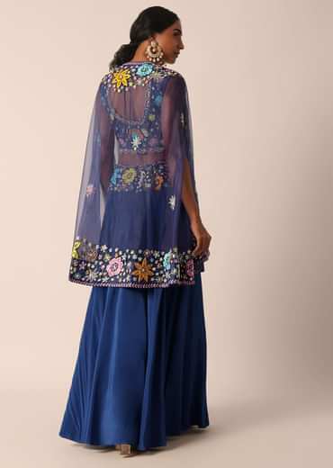 Blue Jacket And Palazzo Set With Floral Motif Embroidery