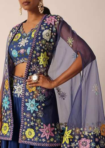 Blue Jacket And Palazzo Set With Floral Motif Embroidery