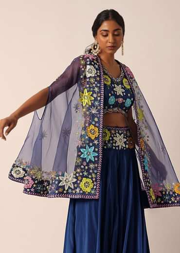 Blue Jacket And Palazzo Set With Floral Motif Embroidery
