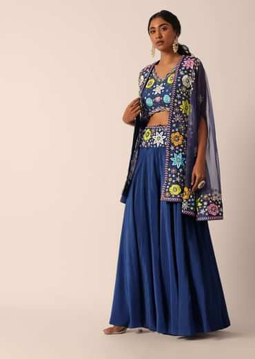 Blue Jacket And Palazzo Set With Floral Motif Embroidery